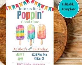 Invitación de cumpleaños con temática de paletas heladas: Diseño editable para fiesta en la piscina (Descarga digital de 5x7 pulgadas)