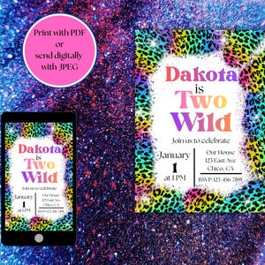 Invitación de cumpleaños "Two Wild", inspirada en Lisa Frank, plantilla editable de 5x7 imagen 8