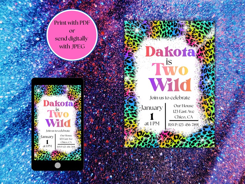 Invitación de cumpleaños "Two Wild", inspirada en Lisa Frank, plantilla editable de 5x7 imagen 8