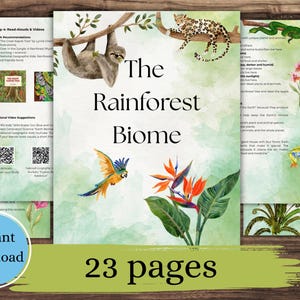 以下が含まれることがあります： 「熱帯雨林バイオーム」と題された教育ページ一式。ナマケモノ、ヒョウ、オウム、熱帯植物のイラストが描かれています。「インスタントダウンロード」と「23ページ」の文字も表示されています。