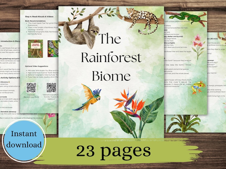 以下が含まれることがあります： 「熱帯雨林バイオーム」と題された教育ページ一式。ナマケモノ、ヒョウ、オウム、熱帯植物のイラストが描かれています。「インスタントダウンロード」と「23ページ」の文字も表示されています。