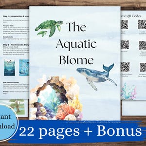 以下が含まれることがあります： 「The Aquatic Biome」と題された教育用印刷物。カメ、クジラ、サンゴ礁のイラストが描かれています。「Instant download」と「22 pages + Bonus」の文字が含まれています。
