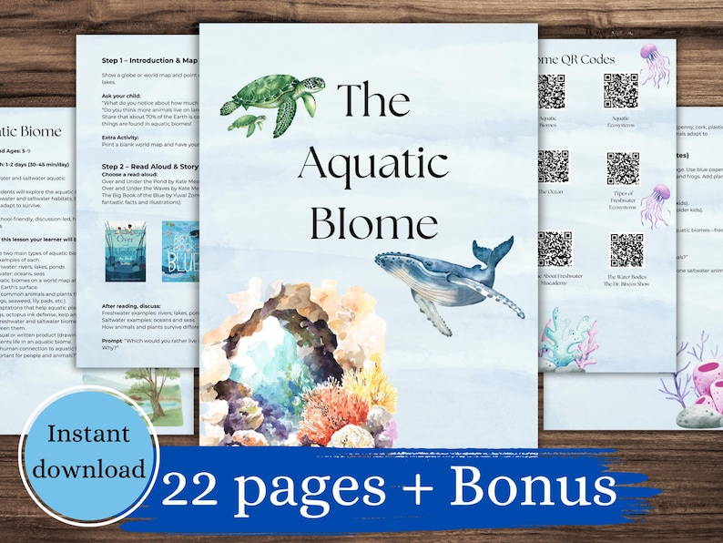 以下が含まれることがあります： 「The Aquatic Biome」と題された教育用印刷物。カメ、クジラ、サンゴ礁のイラストが描かれています。「Instant download」と「22 pages + Bonus」の文字が含まれています。