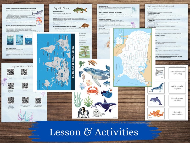 以下が含まれることがあります： 水生生物をテーマにした教育資料のコレクション。画像には、レッスン計画、地図、クジラ、サメ、ペンギンなどの海洋生物のイラストが含まれています。「Lesson & Activities」というテキストが下部に表示されています。