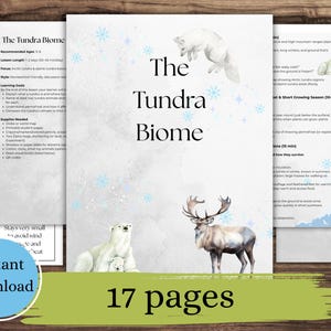 以下が含まれることがあります： 「The Tundra Biome」というタイトルのデジタルダウンロード。ホッキョクグマやトナカイなど、北極圏の動物のイラストが描かれています。表紙には「The Tundra Biome」と「17ページ」という文字があります。青い円には「Instant download」と書かれています。