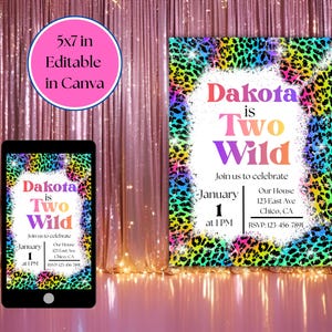 Invitación de cumpleaños "Two Wild", inspirada en Lisa Frank, plantilla editable de 5x7 imagen 10