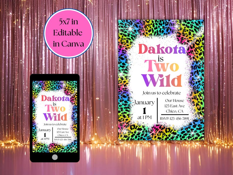 Invitación de cumpleaños "Two Wild", inspirada en Lisa Frank, plantilla editable de 5x7 imagen 10