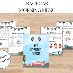 May include: A printable set of five activity sheets for kids featuring a race car theme. The sheets include a map of the United States, a weather chart, a "My Name Is" sheet, a "What I Want to Do Today" sheet, and a "My Morning Menu" sheet.