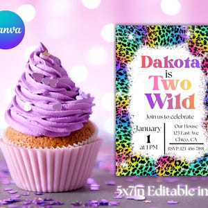 Invitación de cumpleaños "Two Wild", inspirada en Lisa Frank, plantilla editable de 5x7 imagen 4