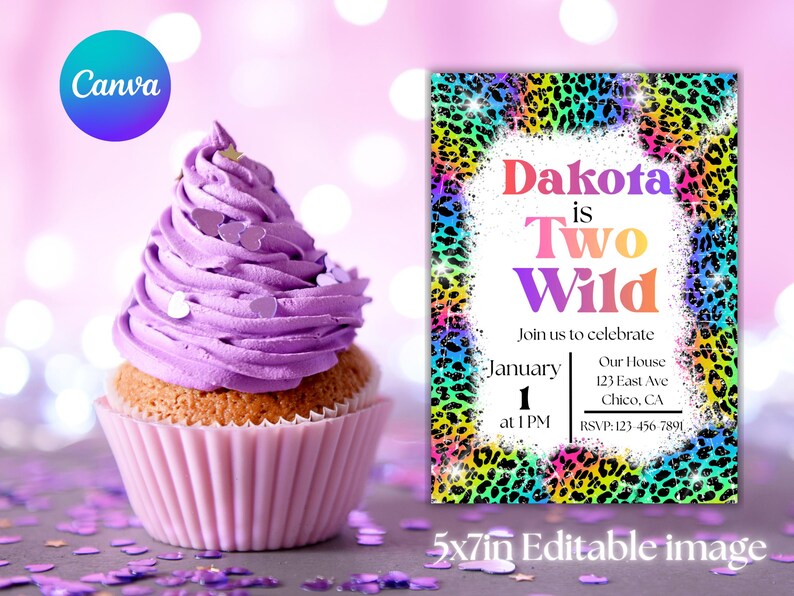 Invitación de cumpleaños "Two Wild", inspirada en Lisa Frank, plantilla editable de 5x7 imagen 4
