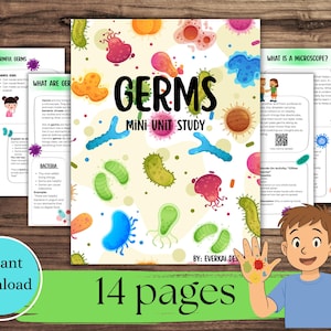 Puede incluir: Un recurso educativo colorido titulado "GERMS MINI UNIT STUDY" con ilustraciones de gérmenes y temas relacionados. La imagen incluye el texto "Descarga instantánea" y "14 páginas". También se muestra un niño de dibujos animados con las manos cubiertas de gérmenes.