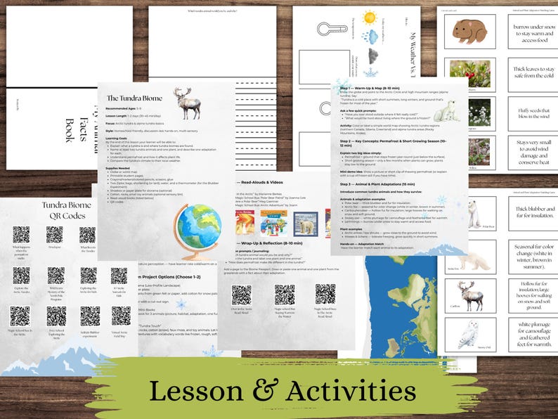 以下が含まれることがあります： ツンドラバイオームのレッスン用教材。テキスト、動物のイラスト、地球儀、QRコードを含むワークシートが含まれています。「Lesson & Activities」というフレーズが一番下にあります。