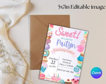 Invitación de cumpleaños número 3: Dulces dulces, editable, 5x7 (descarga digital)