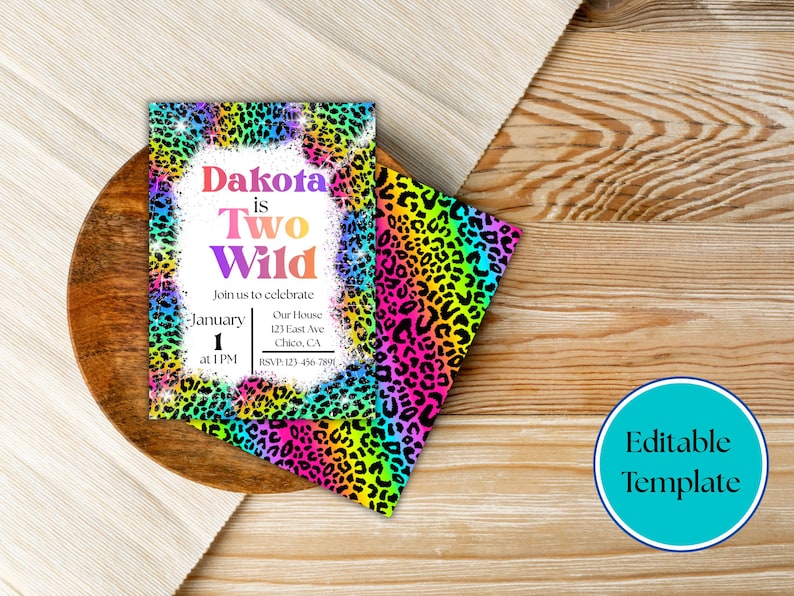 Invitación de cumpleaños "Two Wild", inspirada en Lisa Frank, plantilla editable de 5x7 imagen 1