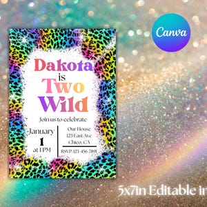 Invitación de cumpleaños "Two Wild", inspirada en Lisa Frank, plantilla editable de 5x7 imagen 5