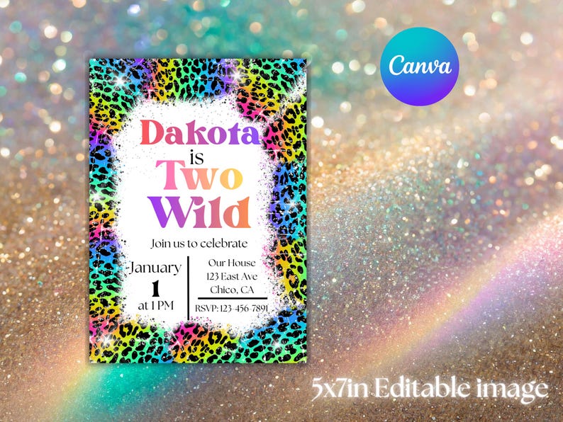 Invitación de cumpleaños "Two Wild", inspirada en Lisa Frank, plantilla editable de 5x7 imagen 5