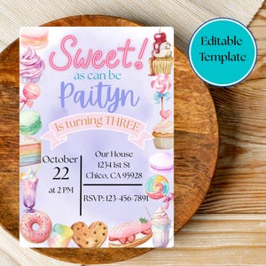 May include: A vibrant birthday invitation with the words "Sweet!" and "Paityn is turning THREE." The design includes illustrations of cakes, macarons, and sweets. The date is October 22 at 2 PM. Includes RSVP details.