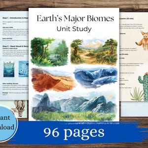 Könnte beinhalten: Eine Lerneinheit mit dem Titel "Earth's Major Biomes" mit Illustrationen verschiedener Biome. Die Studie enthält den Text "Sofort-Download" und "96 Seiten". Die Bilder zeigen eine Vielzahl von Landschaften, darunter Wälder, Wüsten und Ozeane.