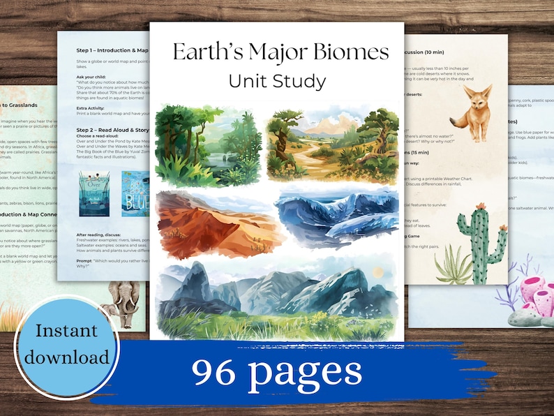 以下が含まれることがあります： 「Earth's Major Biomes」というタイトルのユニットスタディで、さまざまなバイオームのイラストが描かれています。このスタディには、「Instant download」と「96 pages」というテキストが含まれています。画像には、森林、砂漠、海洋など、さまざまな風景が写っています。