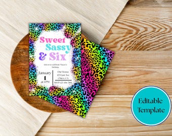 Invitación de sexto cumpleaños con estampado animal de arcoíris: Plantilla editable de Canva