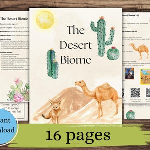 以下が含まれることがあります： 「The Desert Biome」と題された教育用印刷可能セット。ラクダ、フェネックギツネ、サボテンの水彩イラストが特徴です。表紙にはタイトルと太陽のグラフィックが描かれています。16ページと「インスタントダウンロード」バッジが含まれています。