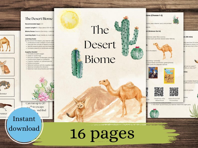 以下が含まれることがあります： 「The Desert Biome」と題された教育用印刷可能セット。ラクダ、フェネックギツネ、サボテンの水彩イラストが特徴です。表紙にはタイトルと太陽のグラフィックが描かれています。16ページと「インスタントダウンロード」バッジが含まれています。