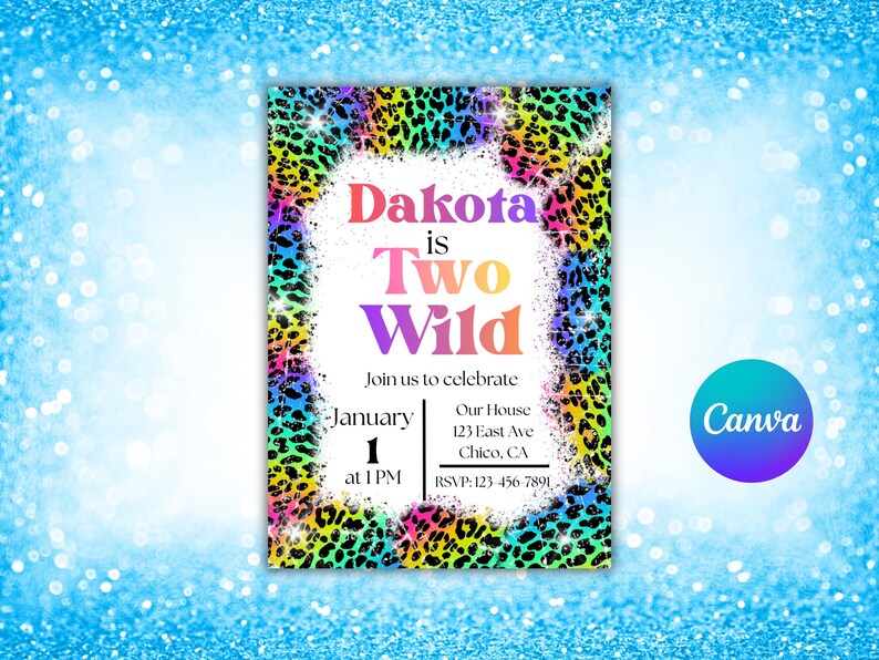 Invitación de cumpleaños "Two Wild", inspirada en Lisa Frank, plantilla editable de 5x7 imagen 9