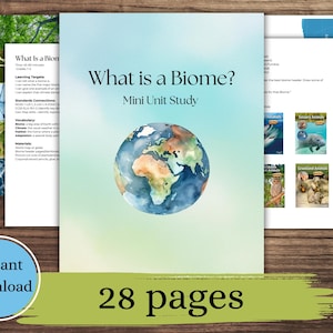 以下が含まれることがあります： 「What is a Biome?」というタイトルのミニユニットスタディは、表紙に水彩画の地球儀のイラストが描かれています。 このスタディには28ページが含まれており、すぐにダウンロードできます。 追加のページには、地図や動物のイラストが掲載されています。