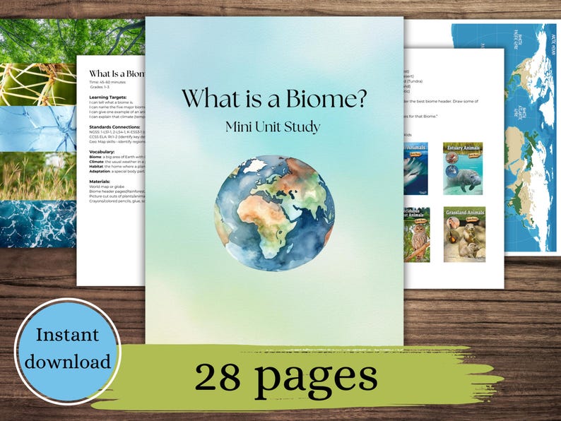 以下が含まれることがあります： 「What is a Biome?」というタイトルのミニユニットスタディは、表紙に水彩画の地球儀のイラストが描かれています。 このスタディには28ページが含まれており、すぐにダウンロードできます。 追加のページには、地図や動物のイラストが掲載されています。
