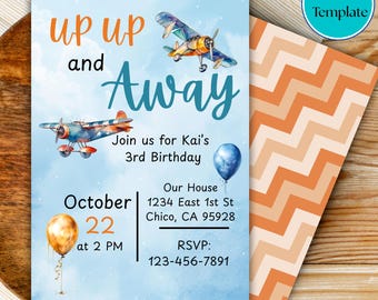 May include: A birthday invitation with a watercolor design featuring airplanes and balloons. The text reads "Up Up and Away" and includes details for a 3rd birthday party, including the date, time, and location. A matching chevron pattern is visible in the background.