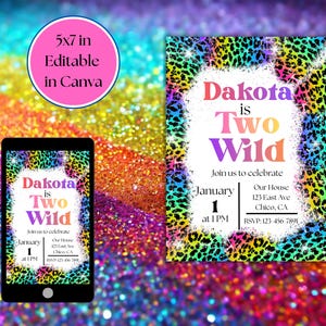 Invitación de cumpleaños "Two Wild", inspirada en Lisa Frank, plantilla editable de 5x7 imagen 2