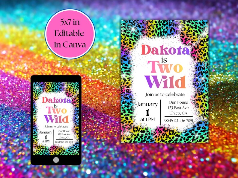 Invitación de cumpleaños "Two Wild", inspirada en Lisa Frank, plantilla editable de 5x7 imagen 2