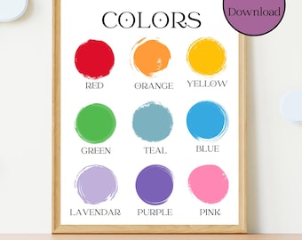 Könnte beinhalten: Eine druckbare Tabelle mit dem Wort "COLORS" oben und neun bunten Kreisen, unter denen die Namen der Farben stehen. Die Farben sind Rot, Orange, Gelb, Grün, Türkis, Blau, Lavendel, Lila und Rosa.