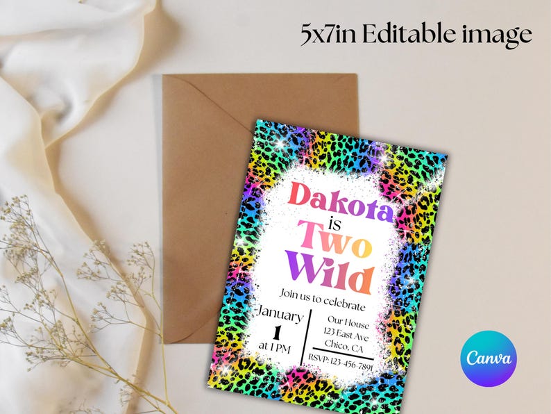 Invitación de cumpleaños "Two Wild", inspirada en Lisa Frank, plantilla editable de 5x7 imagen 6