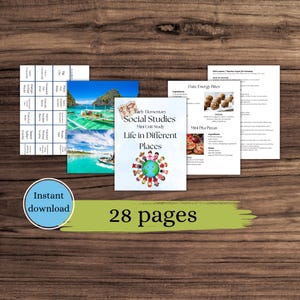 May include: A collection of educational materials for early elementary social studies. The cover of the main booklet reads "Early Elementary Social Studies Mini Unit Study Life in Different Places." The image also includes a blue circle with the words "Instant download" and the text "28 pages."