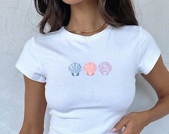 Seashell Baby Tee, Shells Shirt, Coastal Grandma Crop Top, Beachy Summer Aesthetic Shirt, Vacation Ocean Tee, Cute Seashells Graphic T Shirt