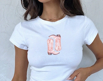 Cowboy Boots Baby Tee, Vintage Western Cowgirl Shirt, Coquette Country Girl Crop Top, Retro Y2K Country Concert Tee, Trendy Cowgirl Gift