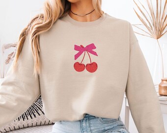 Embroidered Coquette Cherry Sweatshirt, Cherry Bow Sweater, Minimalist Red Cherry Crewneck, Trendy Girly Cherries Sweatshirt, Gift For Her