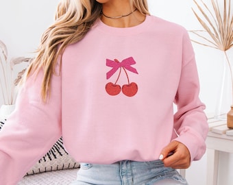 Embroidered Coquette Cherry Sweatshirt, Cherry Bow Sweater, Minimalist Red Cherry Crewneck, Trendy Girly Cherries Sweatshirt, Gift For Her