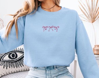 Embroidered Coquette Bow Sweatshirt, Cute Bow Sweater, Trendy Ribbon Sweatshirt, Sweater With Bows, Gift For Her, Minimalist Crewneck