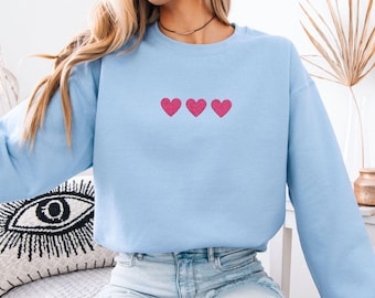 Embroidered Hearts Sweatshirt, Cute Heart Sweater, Minimalist Coquette Crewneck, Valentine's Day Gift For Her, Girls Galentine Sweatshirt