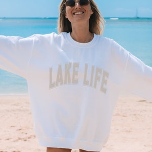 Lake Life Sweatshirt, Trendy Varsity Sweatshirt, Aesthetic College Crewneck, Oversized Minimalist Sweater, Vacation Lake Bum Summer Crewneck