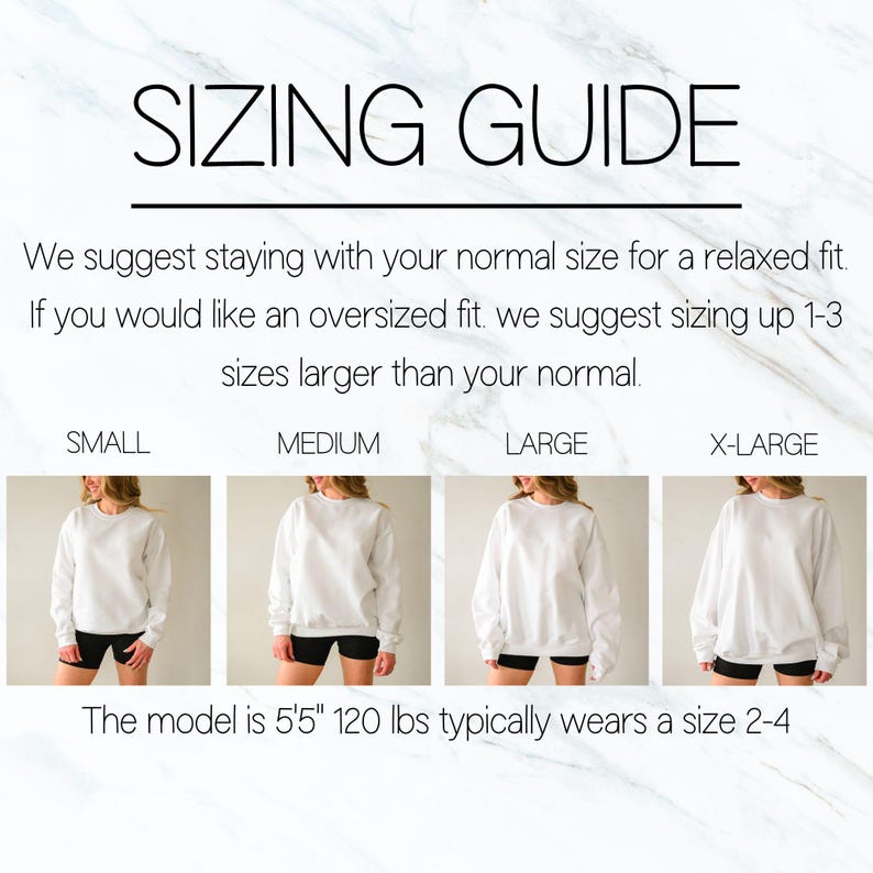 Puede incluir: Gu&iacute;a de tallas para una sudadera blanca de ajuste holgado. La modelo mide 1,65 m y pesa 54 kg y normalmente usa una talla 2-4. La gu&iacute;a muestra la sudadera en tallas S, M, L y XL.
