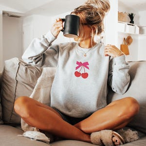 Embroidered Coquette Cherry Sweatshirt, Cherry Bow Sweater, Minimalist Red Cherry Crewneck, Trendy Girly Cherries Sweatshirt, Gift For Her Ash