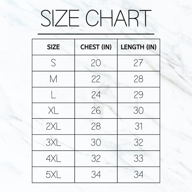 May include: Size chart for clothing with measurements in inches. The chart shows chest and length measurements for sizes S through 5XL.