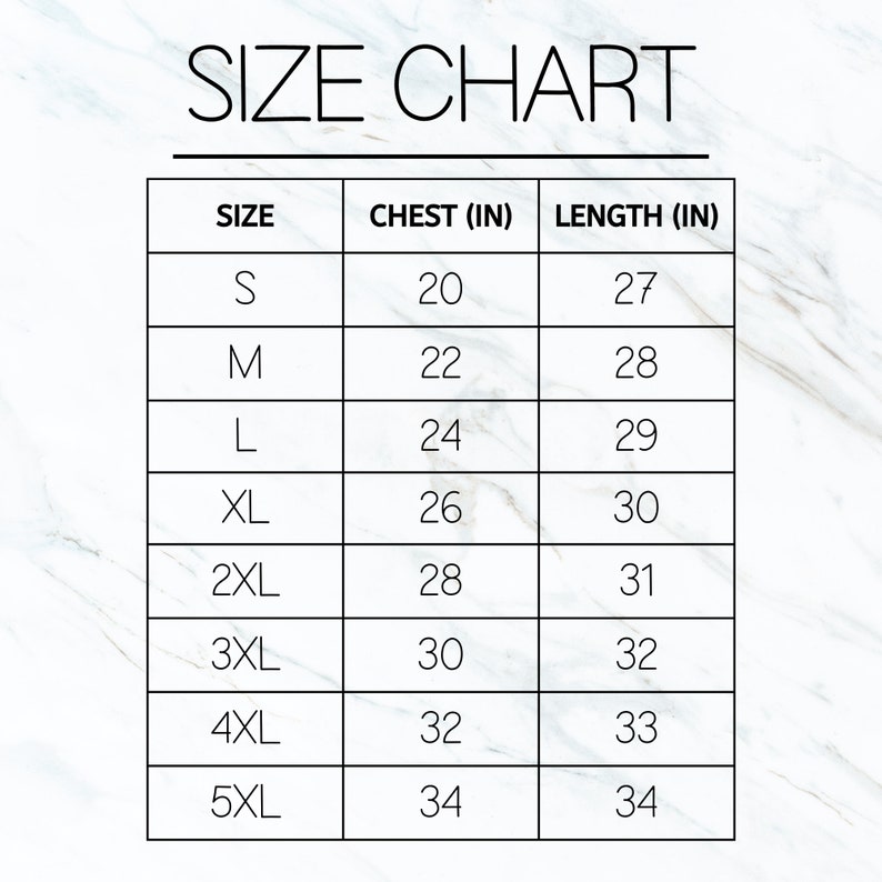 Puede incluir: Tabla de tallas para ropa con medidas en pulgadas. La tabla muestra las tallas S a 5XL con las medidas de pecho y longitud correspondientes.