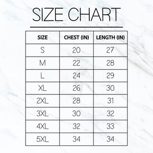 May include: Size chart for clothing with measurements in inches. The chart shows sizes S through 5XL with corresponding chest and length measurements.