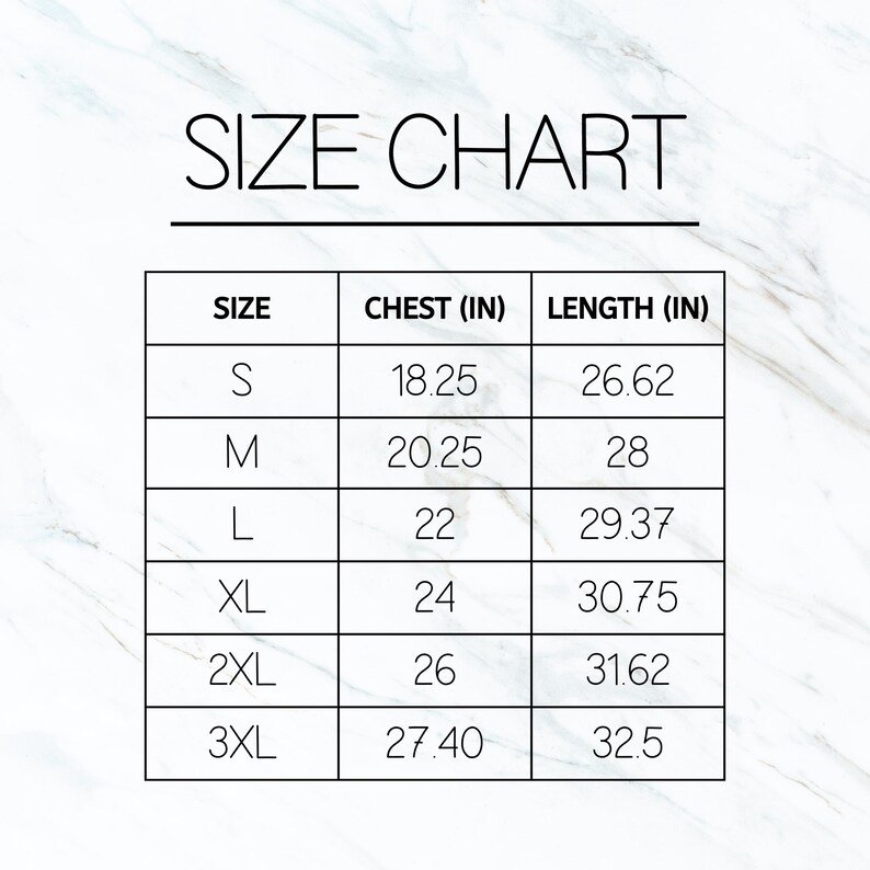 Op de afbeelding: Maattabel voor kleding met metingen in inches. De tabel toont de maten S, M, L, XL, 2XL en 3XL met de bijbehorende borst- en lengtemetingen.