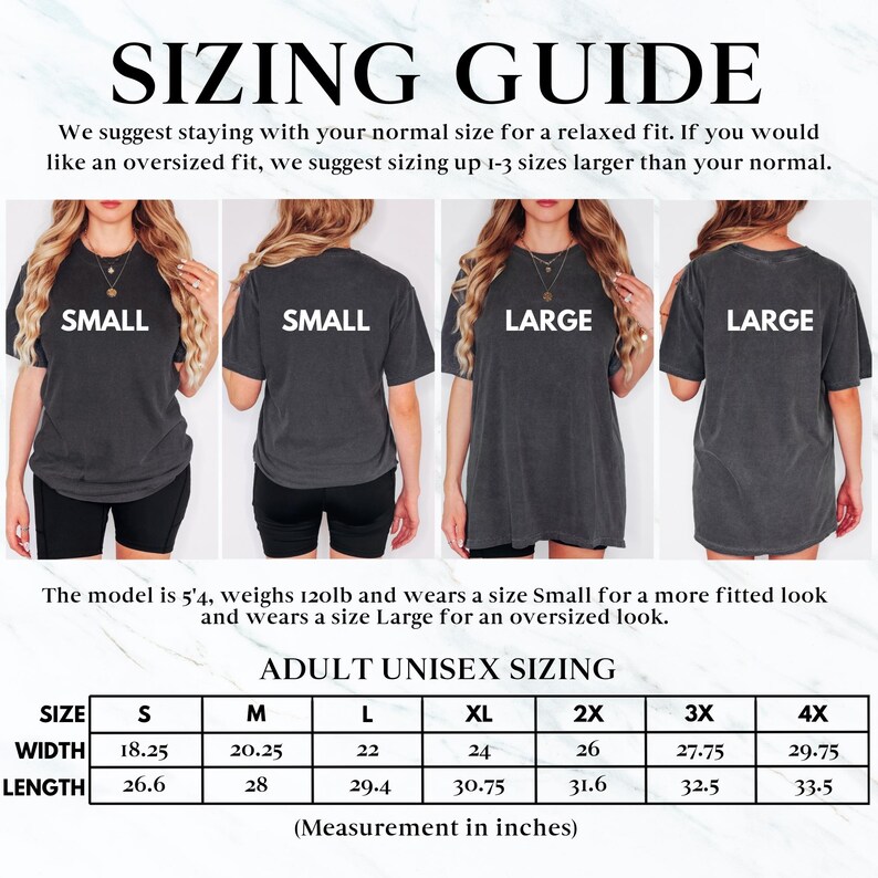 May include: Sizing guide for adult unisex t-shirts. The chart shows measurements in inches for width and length of sizes S, M, L, XL, 2X, 3X, and 4X.