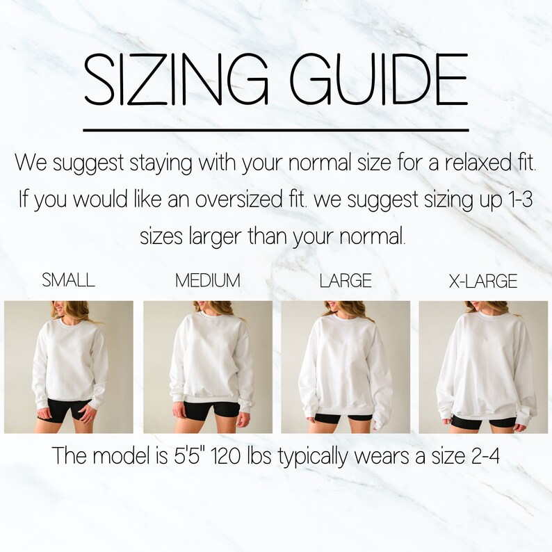 Puede incluir: Gu&iacute;a de tallas para una sudadera blanca. La modelo mide 1,65 m y pesa 54 kg y normalmente usa una talla 36-40. La gu&iacute;a sugiere quedarse con tu talla normal para un ajuste relajado o subir 1-3 tallas para un ajuste holgado.